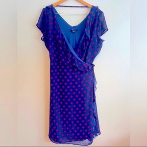Robert Louis Women’s Shirt Sleeve Polka Dot Wrap Dress Large Ruffles Navy Blue.